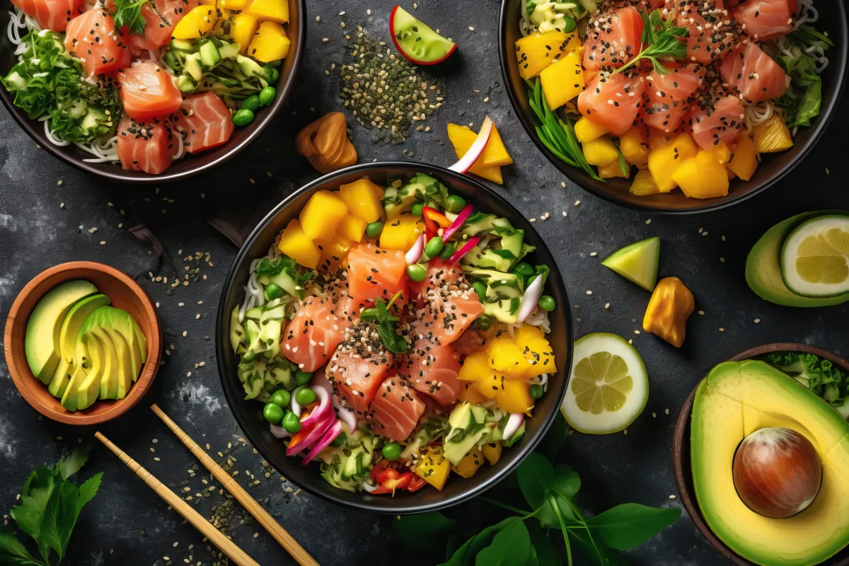 Salmon and mango poke bowls